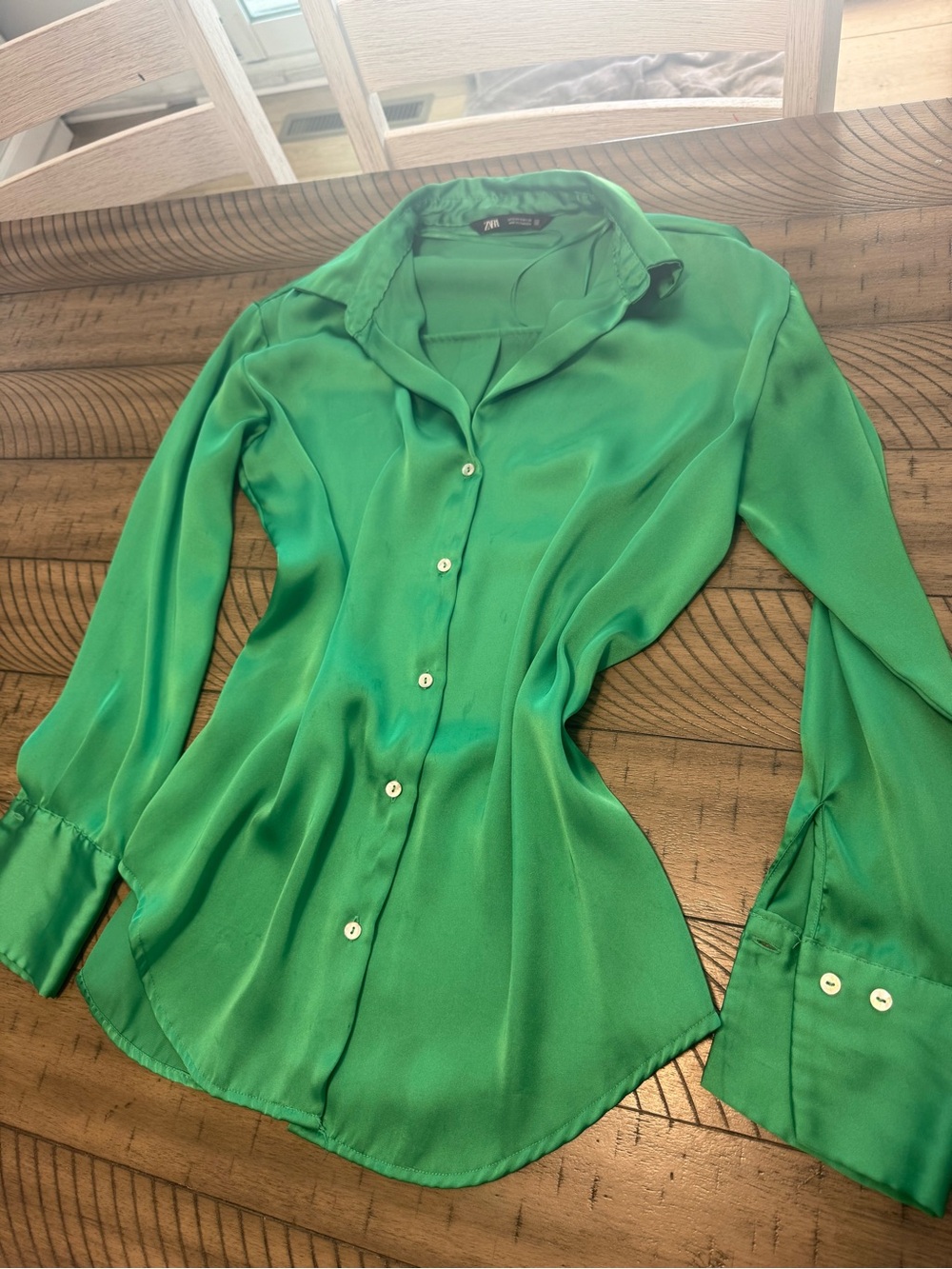 Zara Emerald Green Satin Button-Down Shirt
